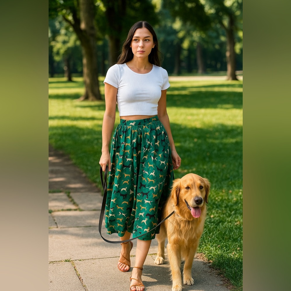Maeve Green Maxi Skirt with Dog Print